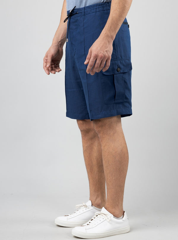 Acheron Drawstring Cargo Shorts in Linen, Cobalt