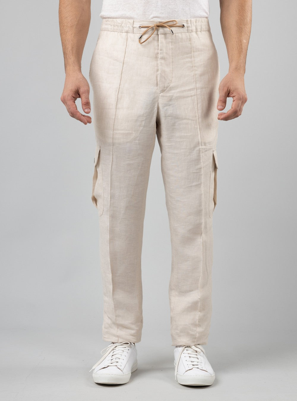 Aegean Drawstring Cargo Pants in Linen, Sand