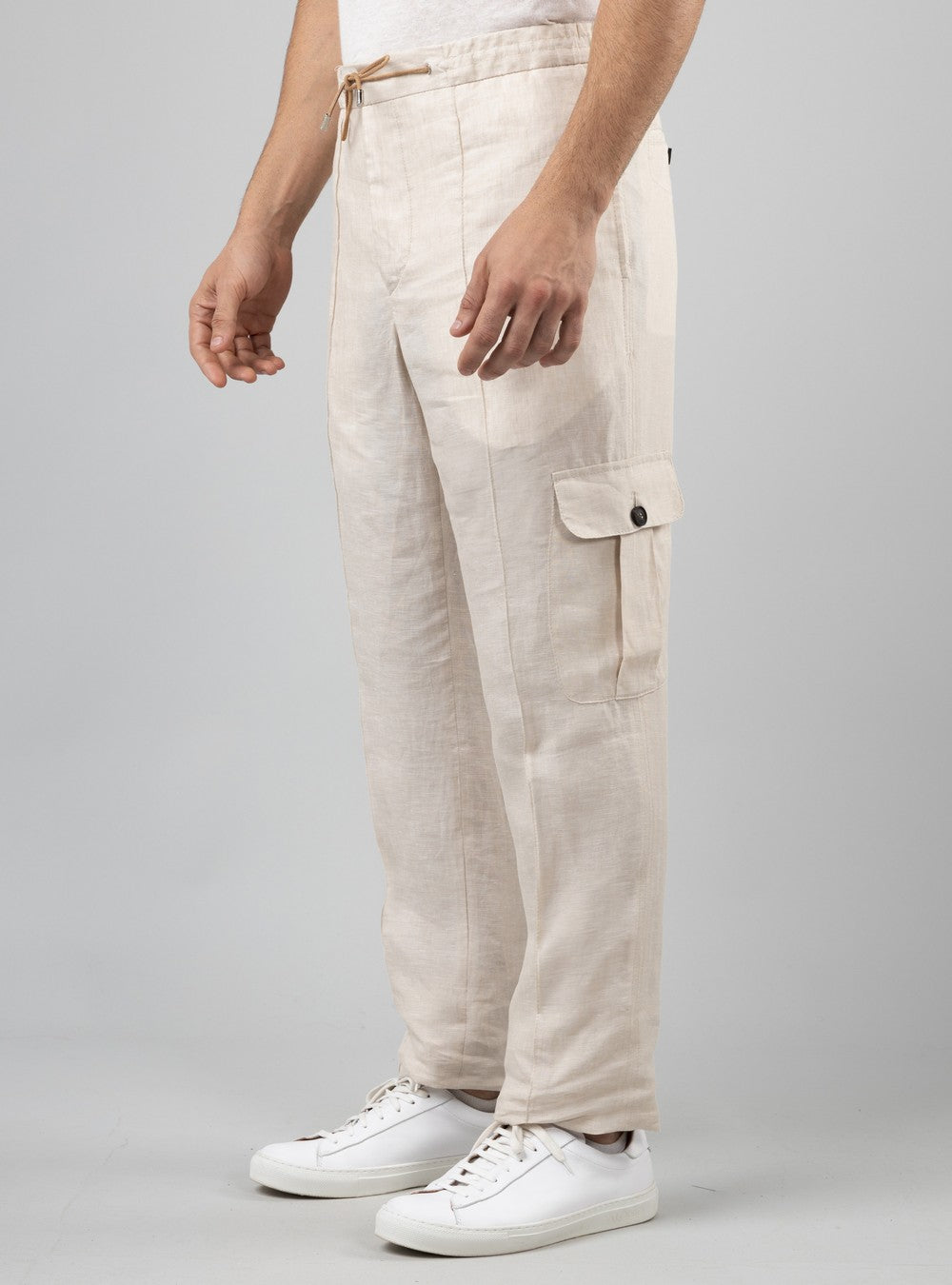 Aegean Drawstring Cargo Pants in Linen, Sand