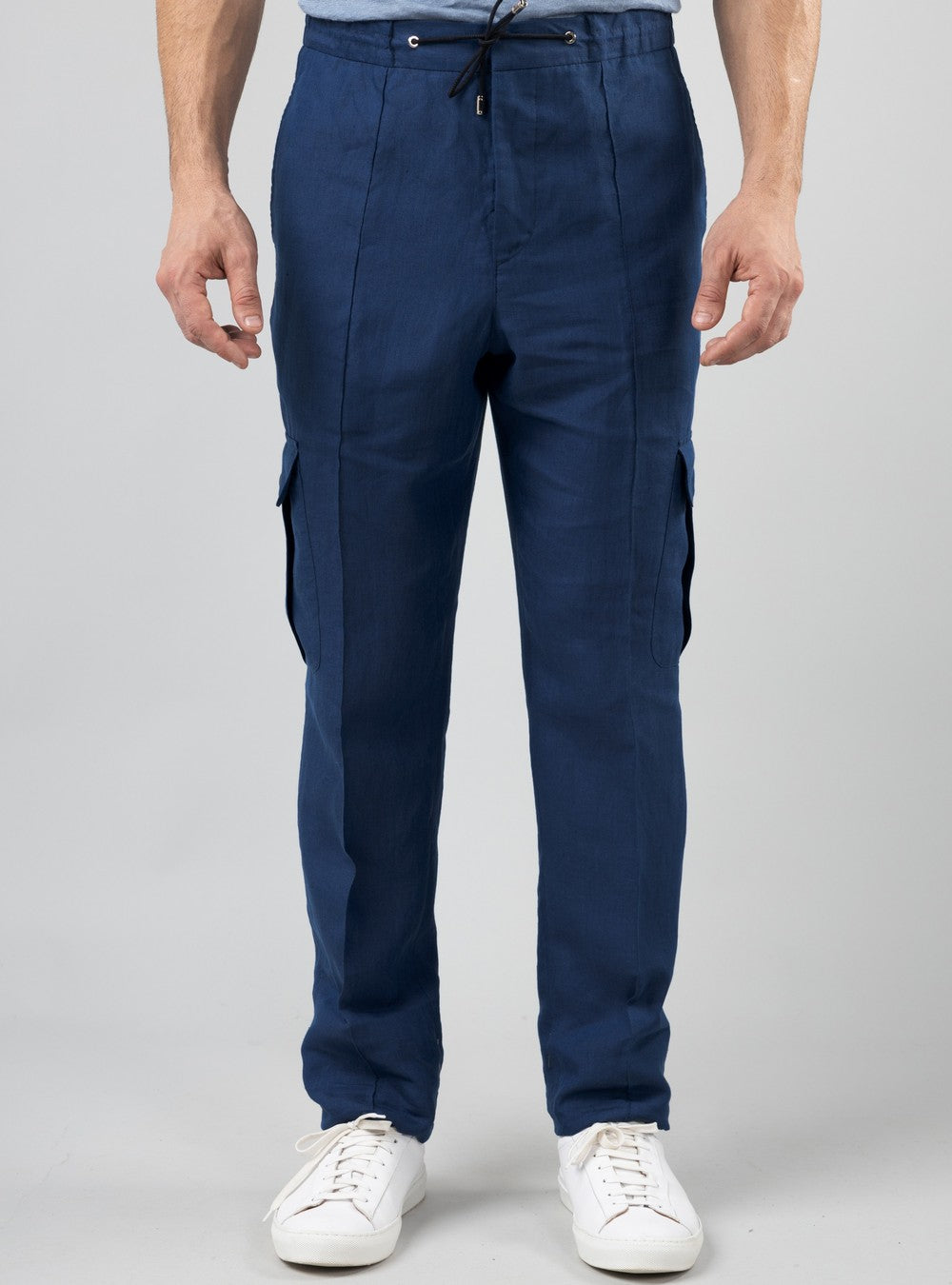 Aegean Drawstring Cargo Pants in Linen, Cobalt