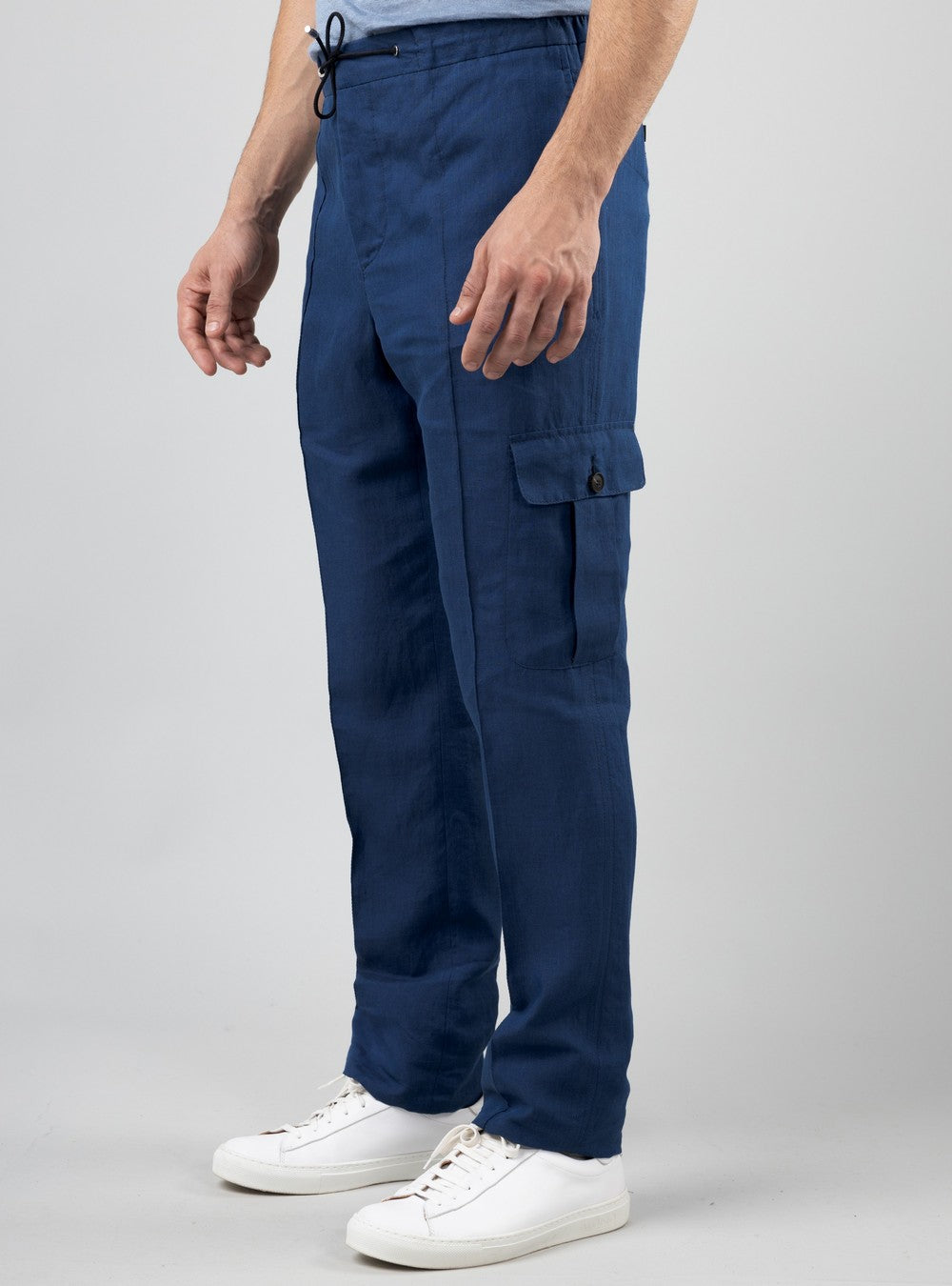 Aegean Drawstring Cargo Pants in Linen, Cobalt