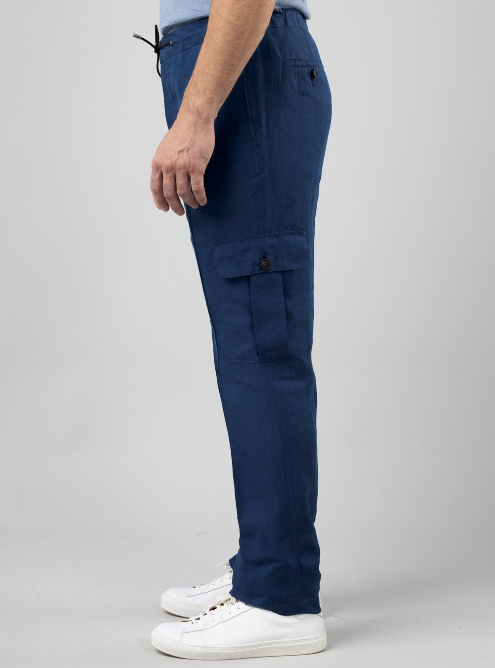 Aegean Drawstring Cargo Pants in Linen, Cobalt