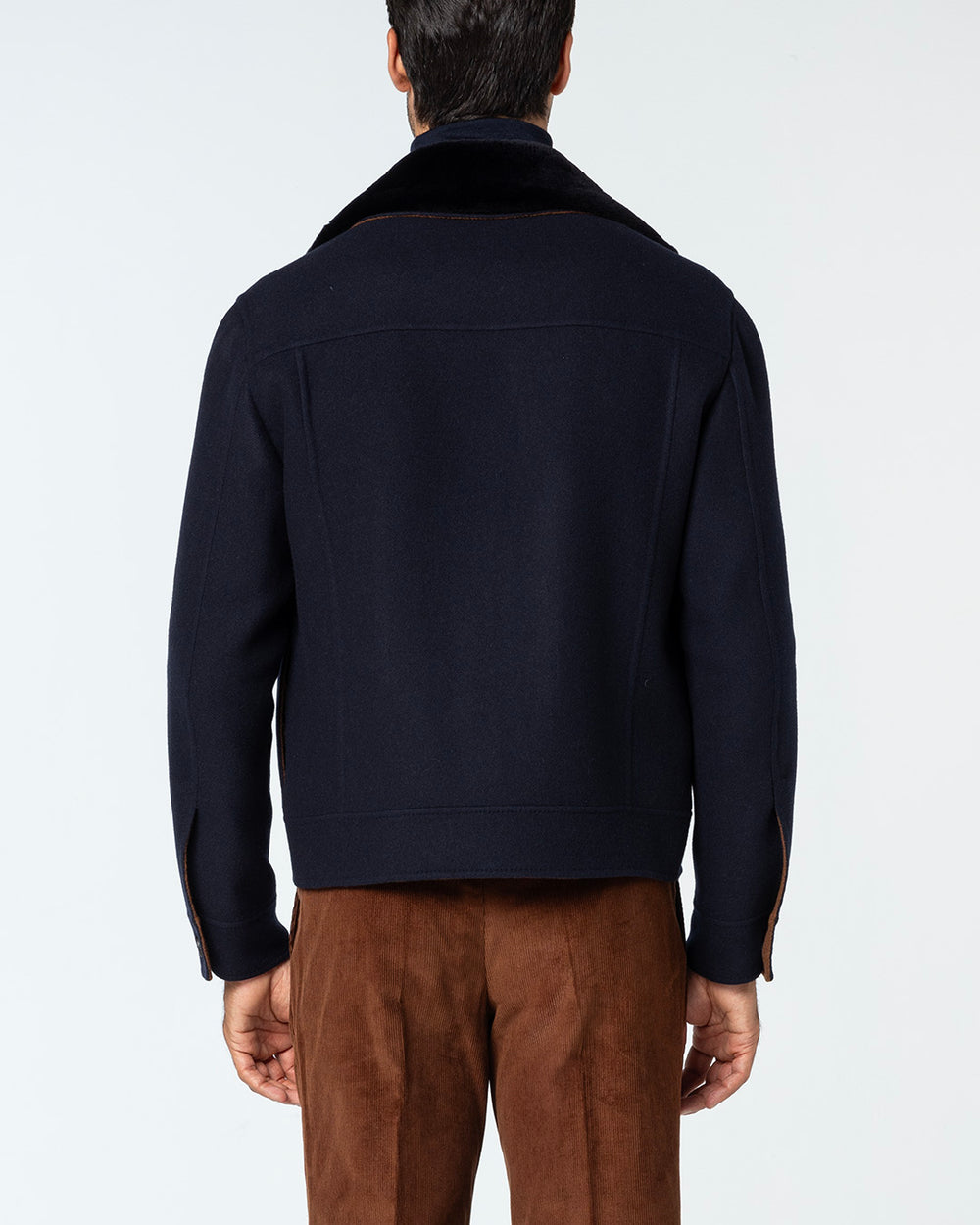 Lumen Wool Jacket with Mink Collar, Navy Blue/Rusty