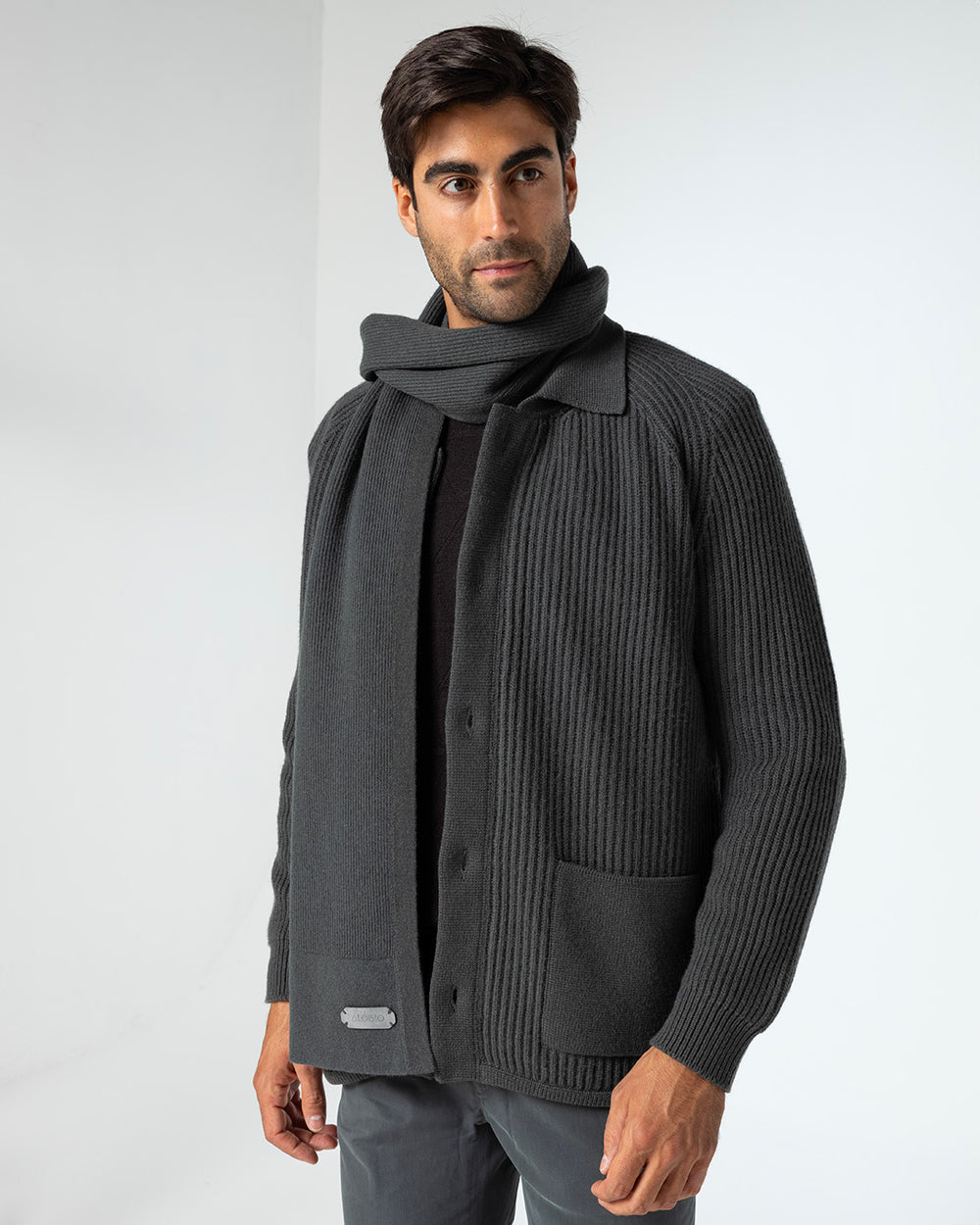 Spes Ribbed Cashmere Scarf, Dusty Green