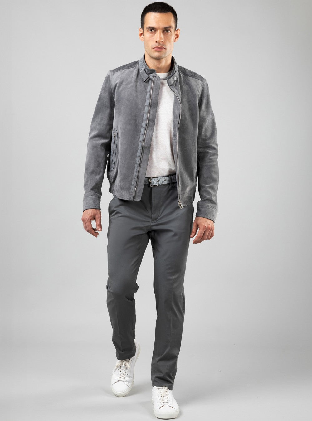 Zeus Biker Jacket in Suede and Alligator, Sage