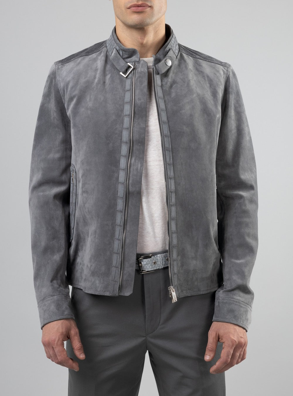 Zeus Biker Jacket in Suede and Alligator, Sage