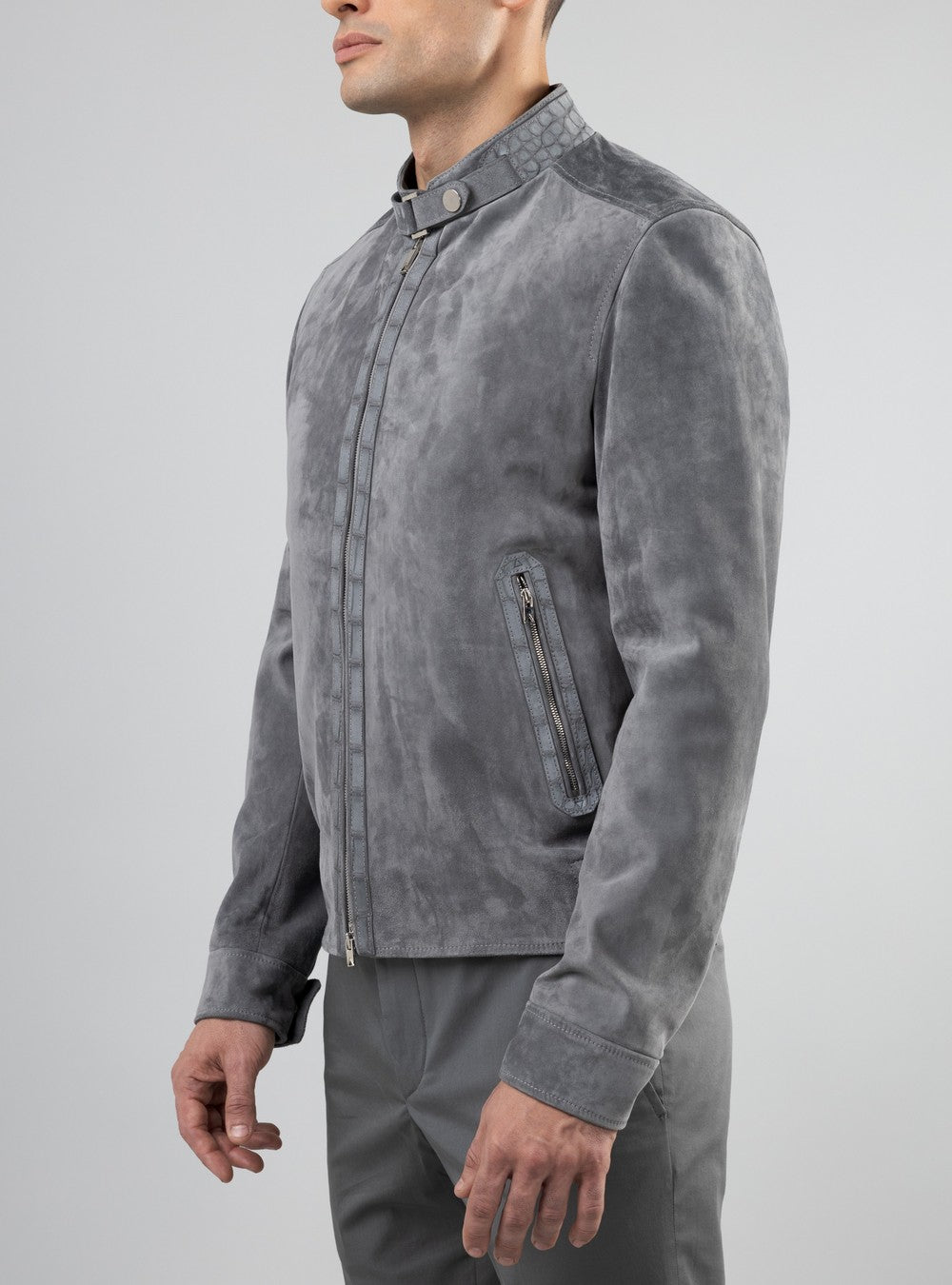 Zeus Biker Jacket in Suede and Alligator, Sage
