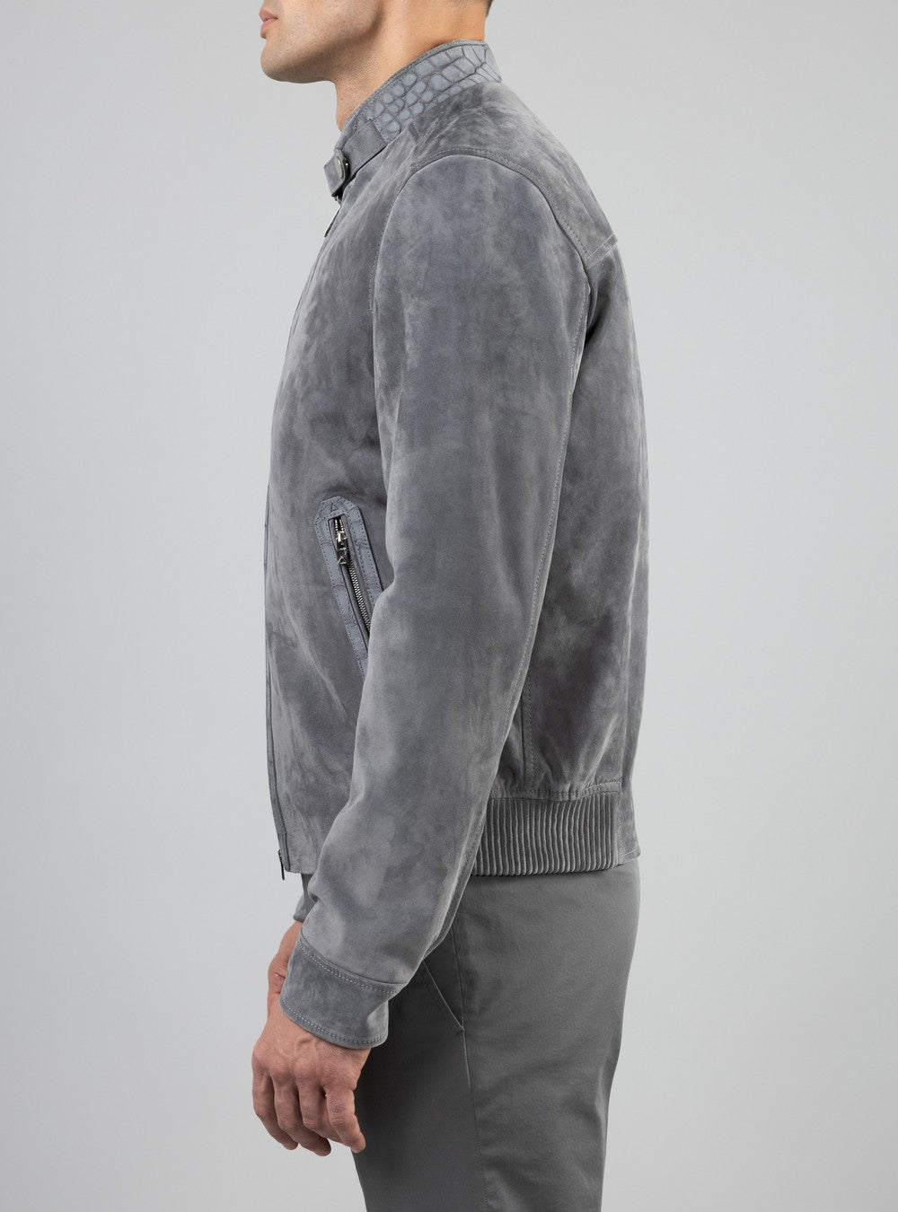 Zeus Biker Jacket in Suede and Alligator, Sage