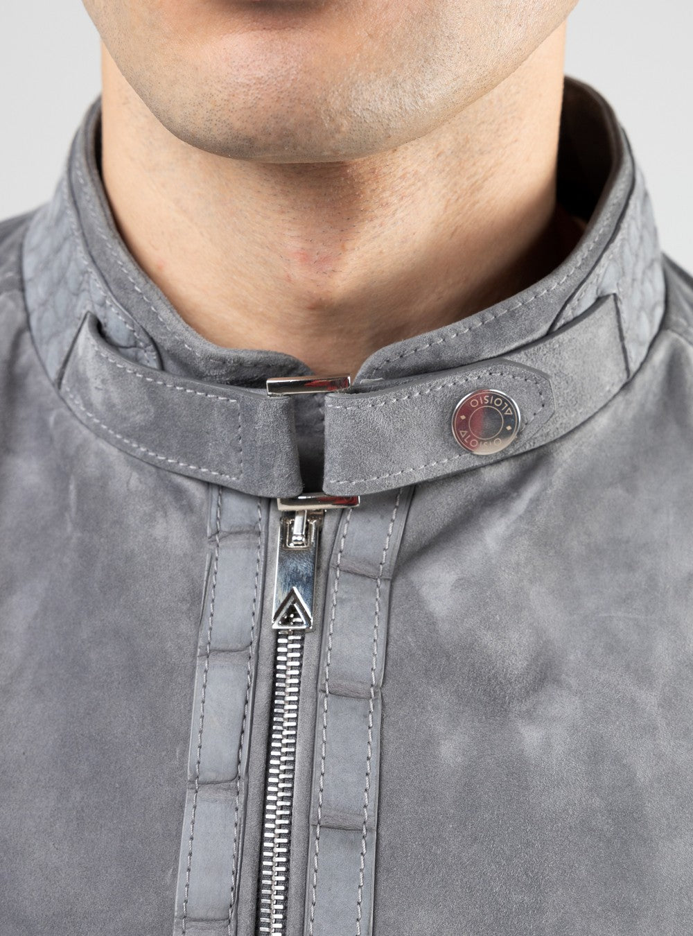 Zeus Biker Jacket in Suede and Alligator, Sage