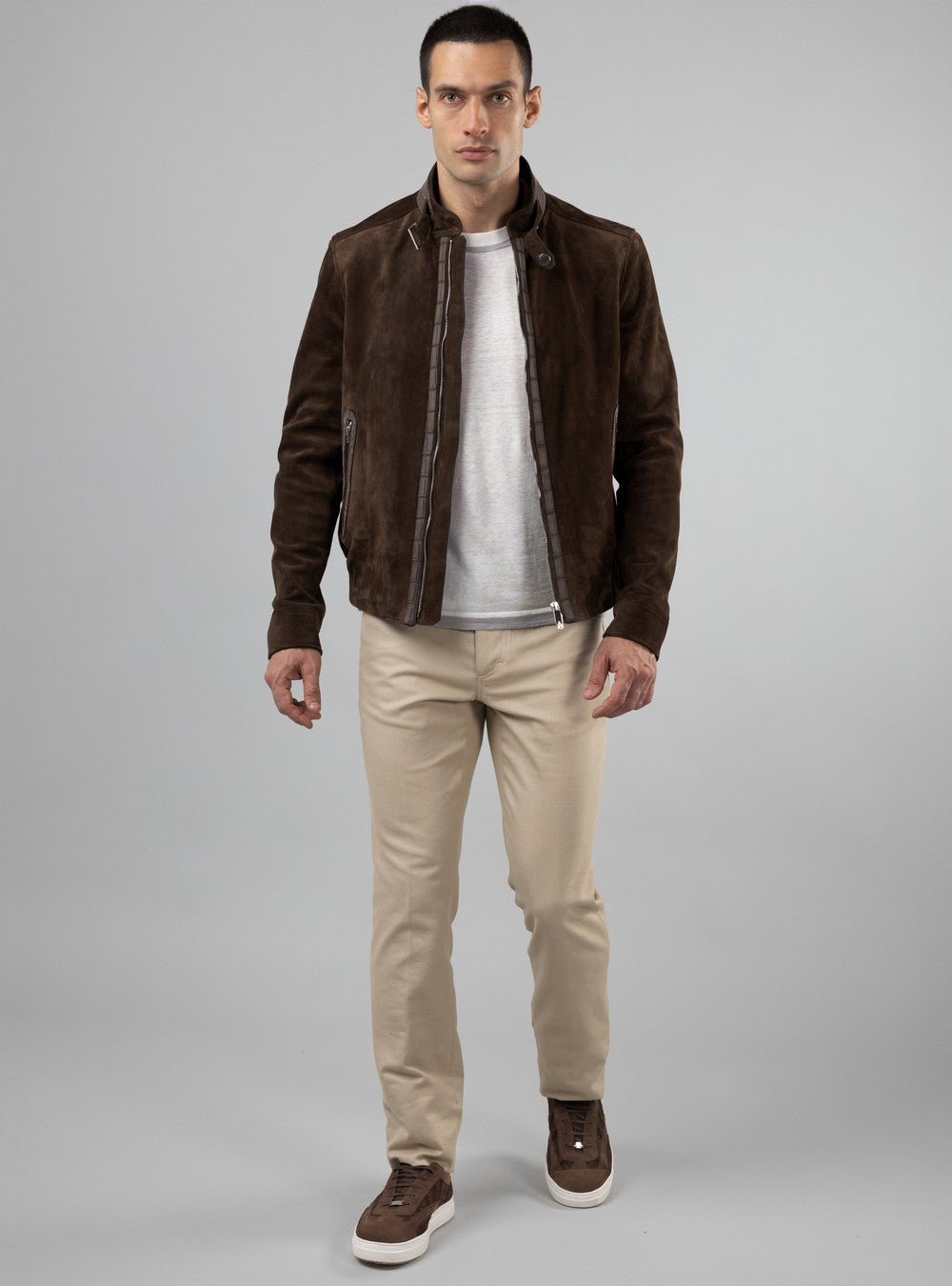 Zeus Biker Jacket in Suede and Alligator, Ebony