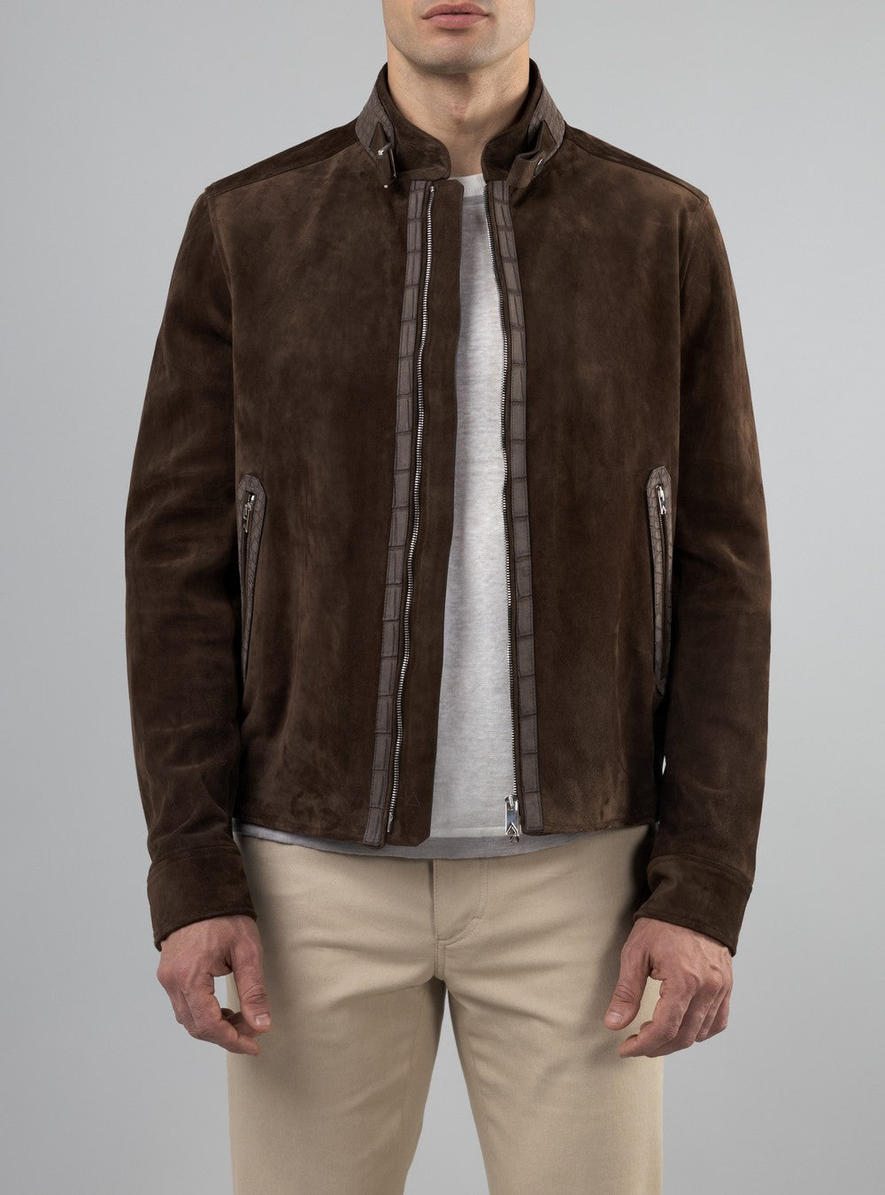 Zeus Biker Jacket in Suede and Alligator, Ebony