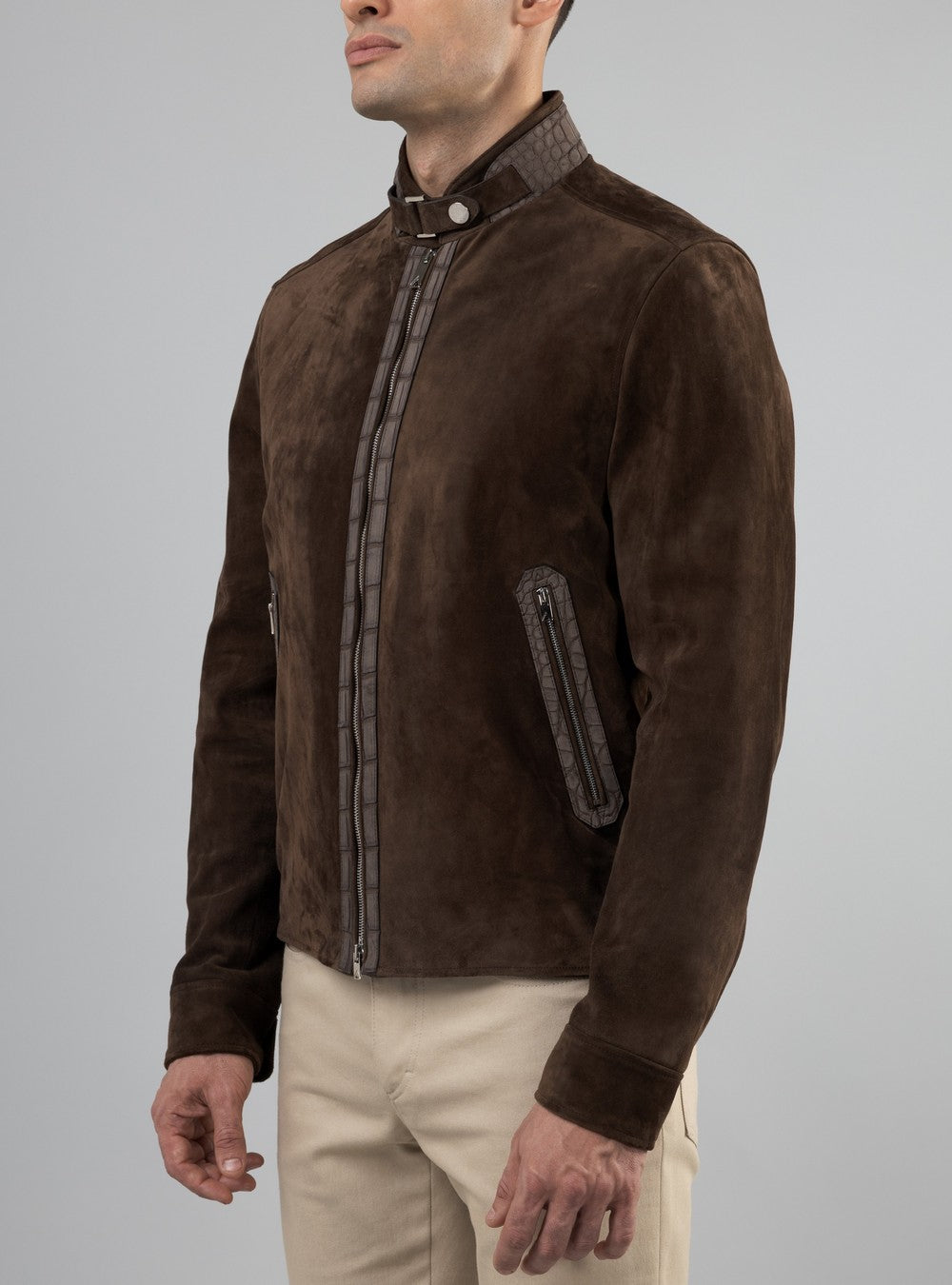 Zeus Biker Jacket in Suede and Alligator, Ebony