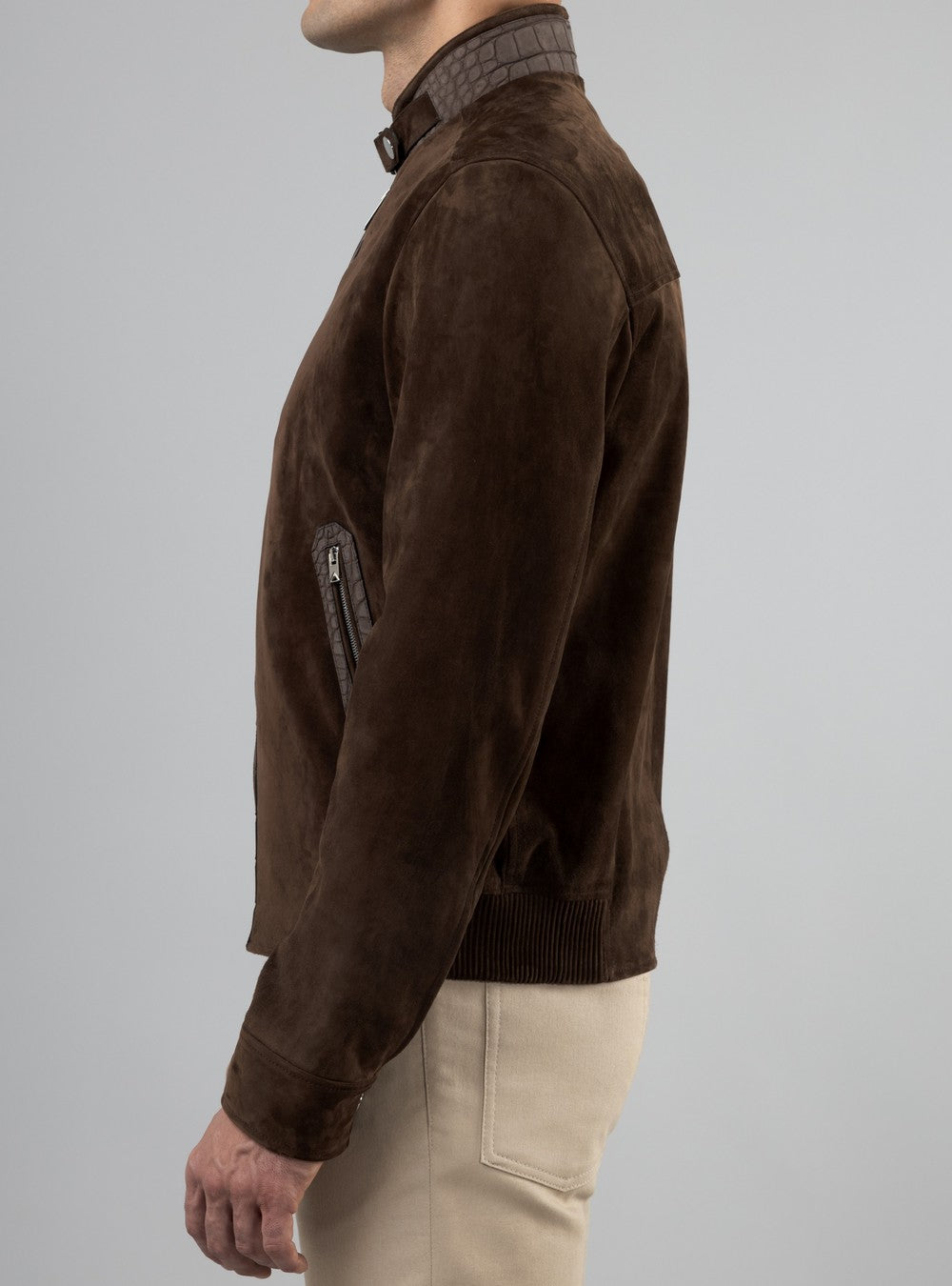 Zeus Biker Jacket in Suede and Alligator, Ebony