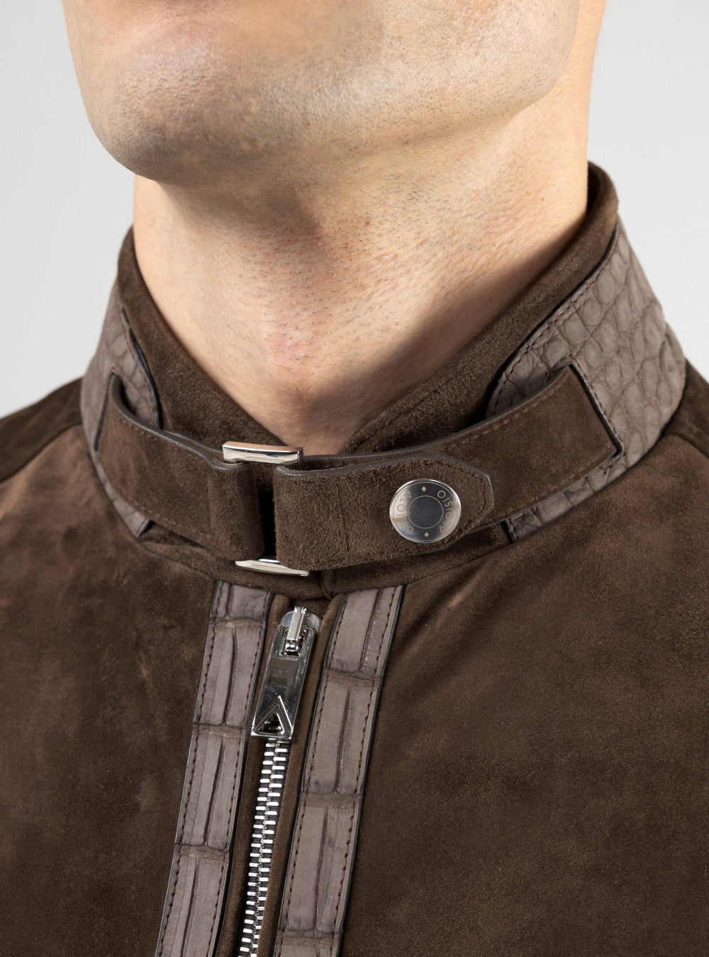 Zeus Biker Jacket in Suede and Alligator, Ebony