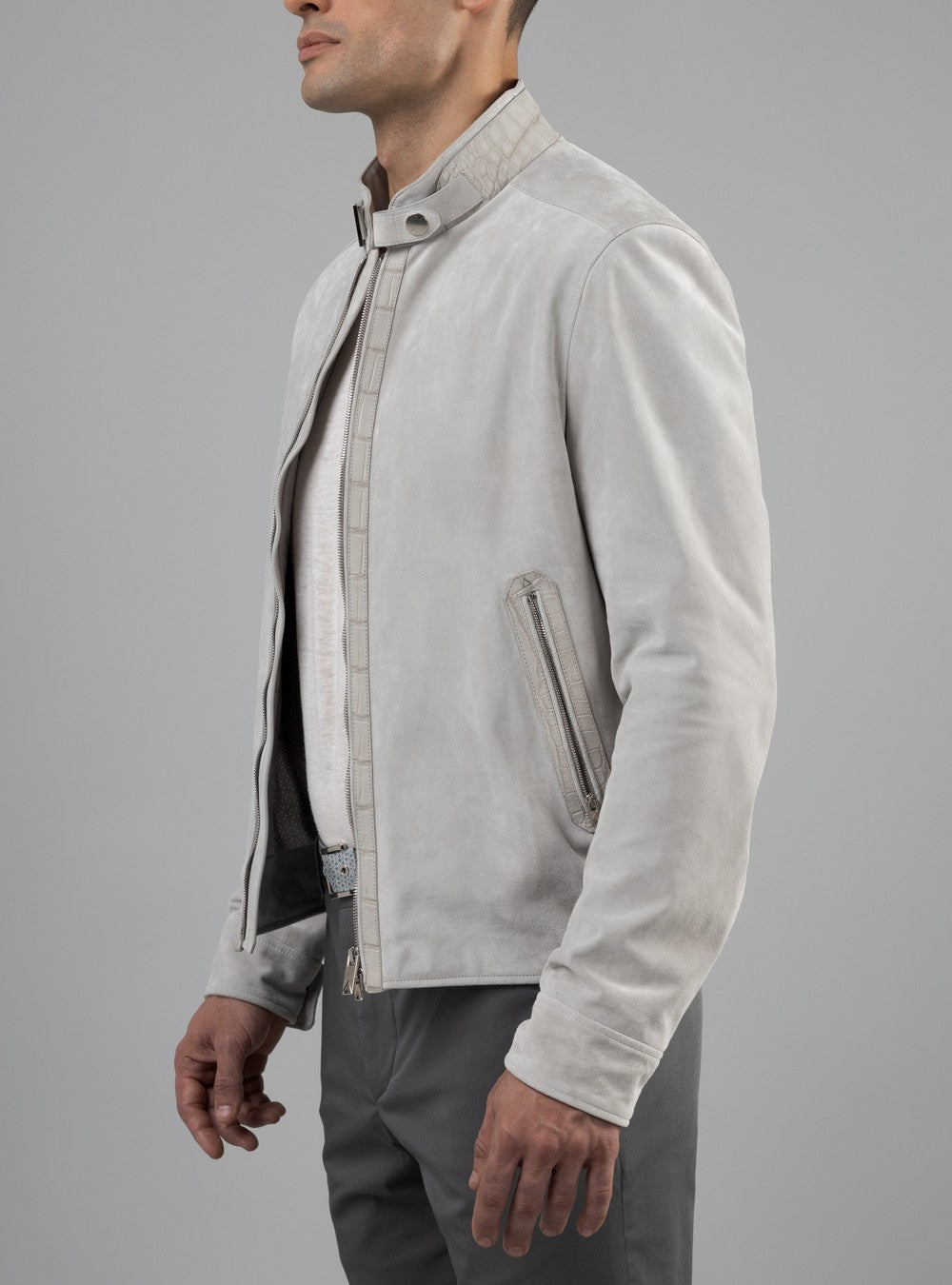 Zeus Biker Jacket in Suede and Alligator, Sunrise