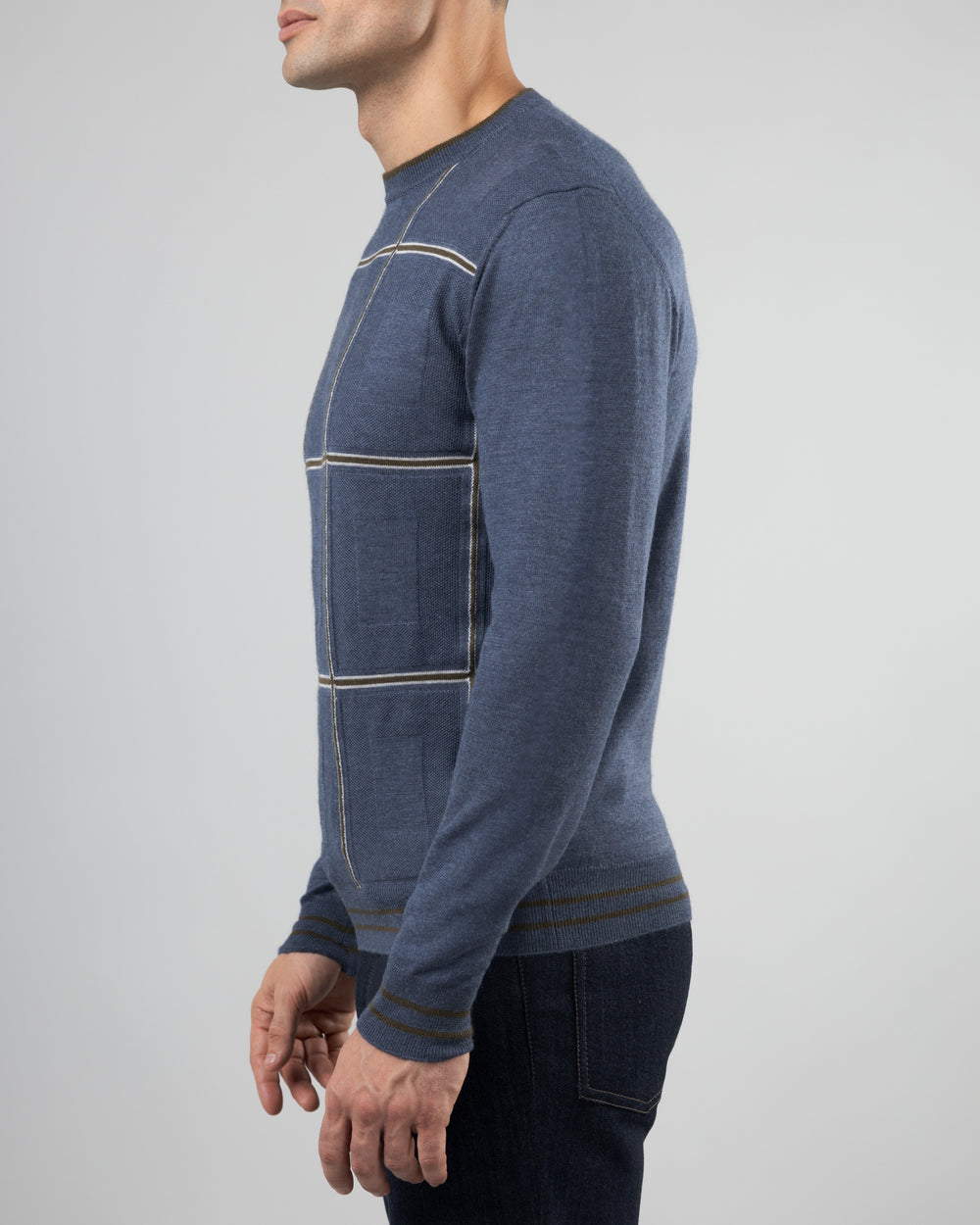 Firn Intarsia Sweater in Cashmere and Silk, Dusty Blue