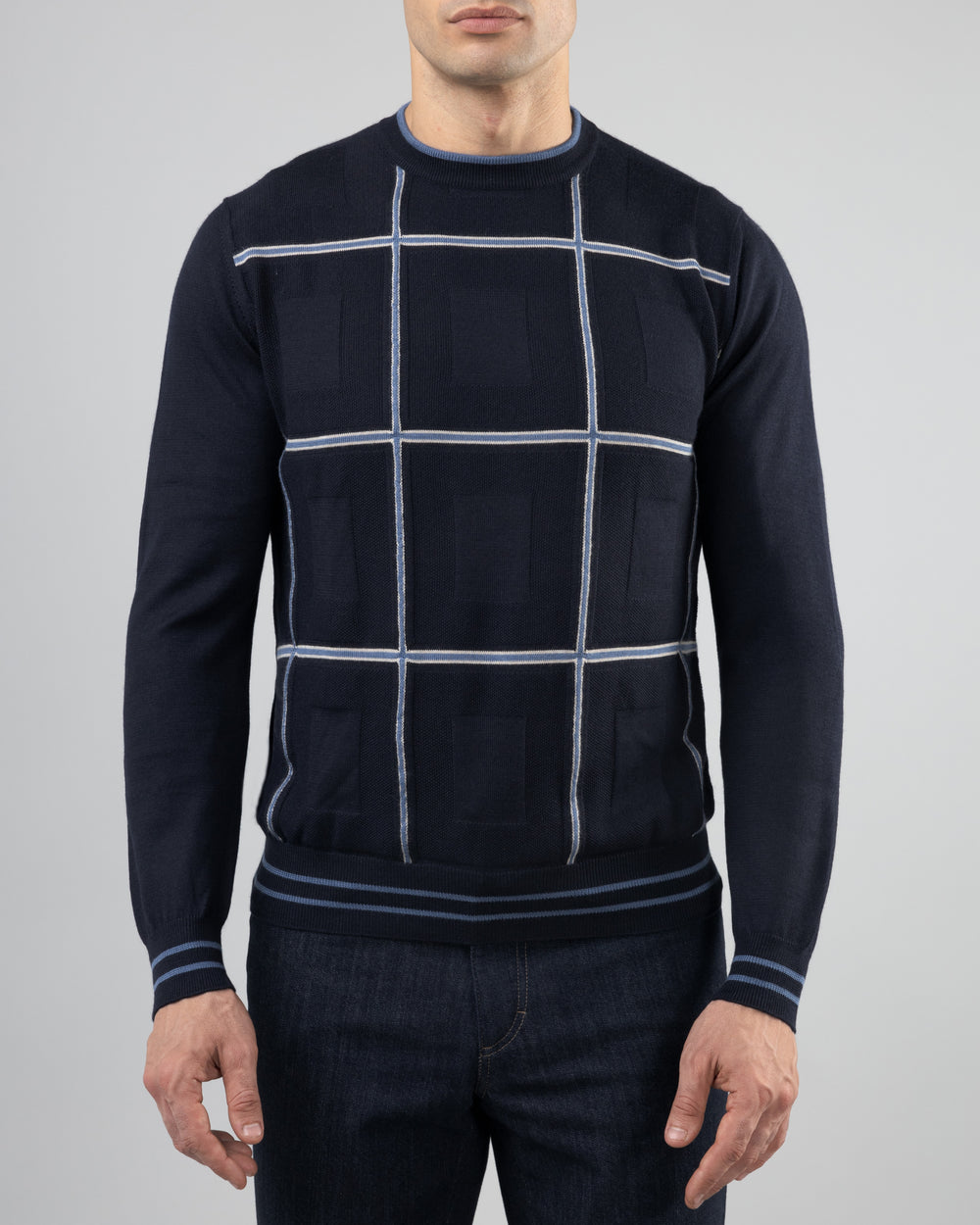 Firn Intarsia Sweater in Cashmere and Silk, Medium Blue