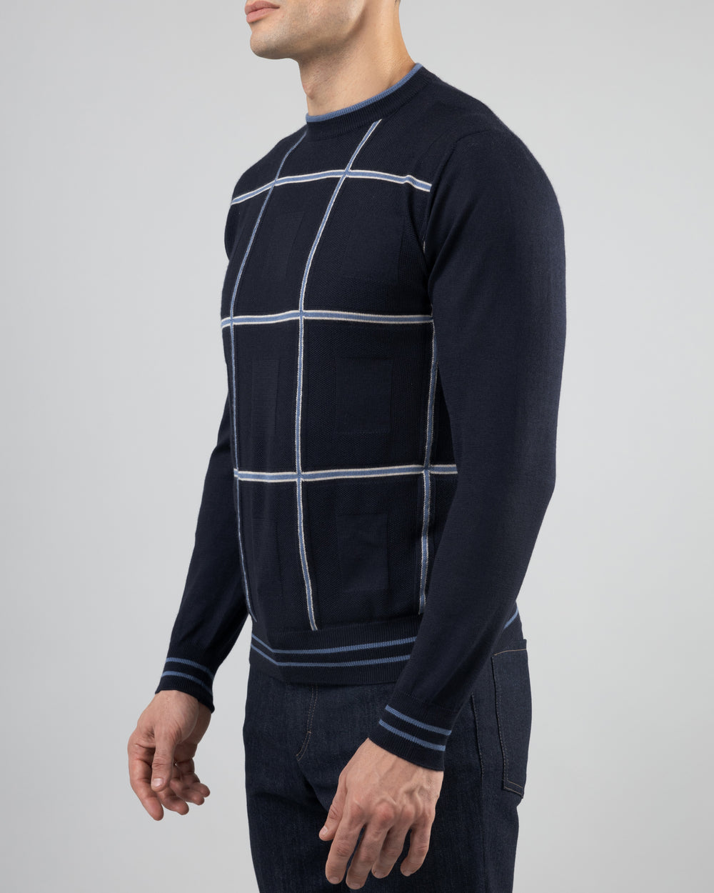 Firn Intarsia Sweater in Cashmere and Silk, Medium Blue