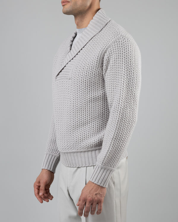 Taiga Shawl Collar V-neck Pullover in Cashmere, Pearl Grey