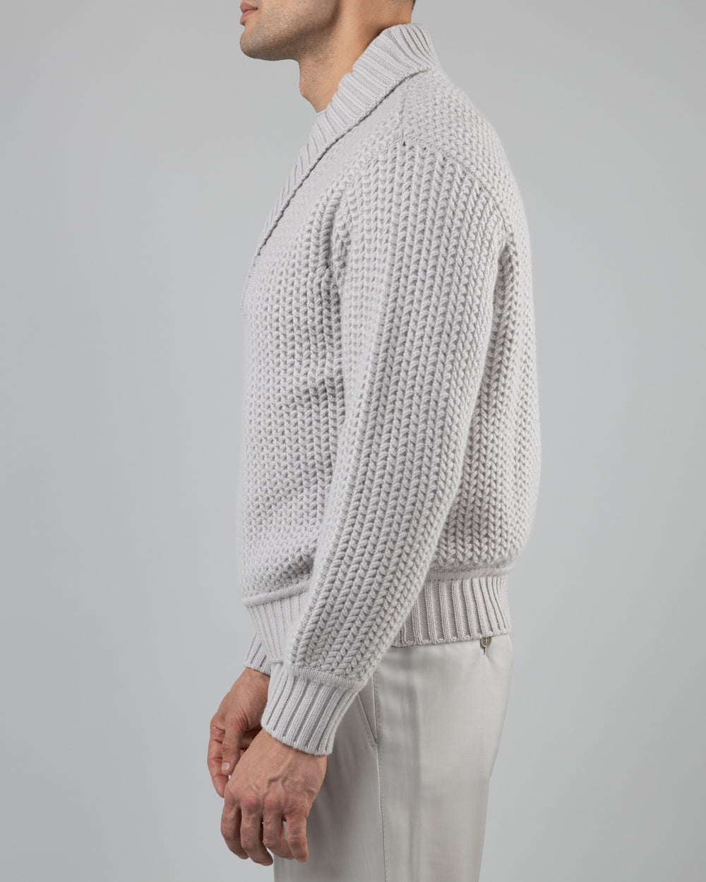 Taiga Shawl Collar V-neck Pullover in Cashmere, Pearl Grey