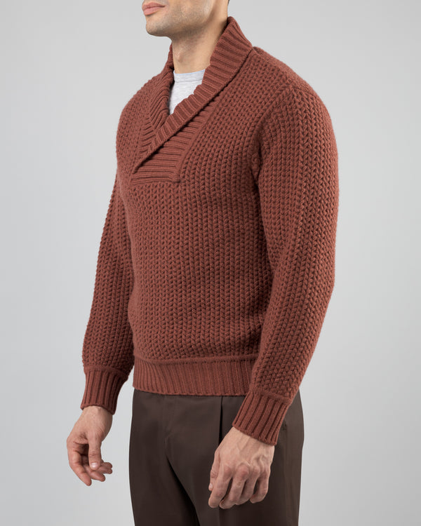 Taiga Shawl Collar V-neck Pullover in Cashmere, Terracotta