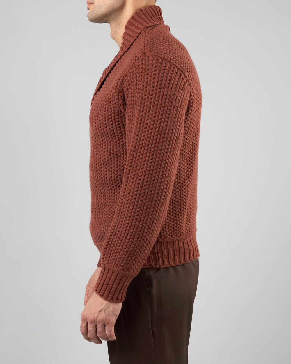 Taiga Shawl Collar V-neck Pullover in Cashmere, Terracotta