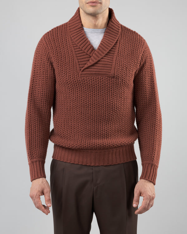 Taiga Shawl Collar V-neck Pullover in Cashmere, Terracotta