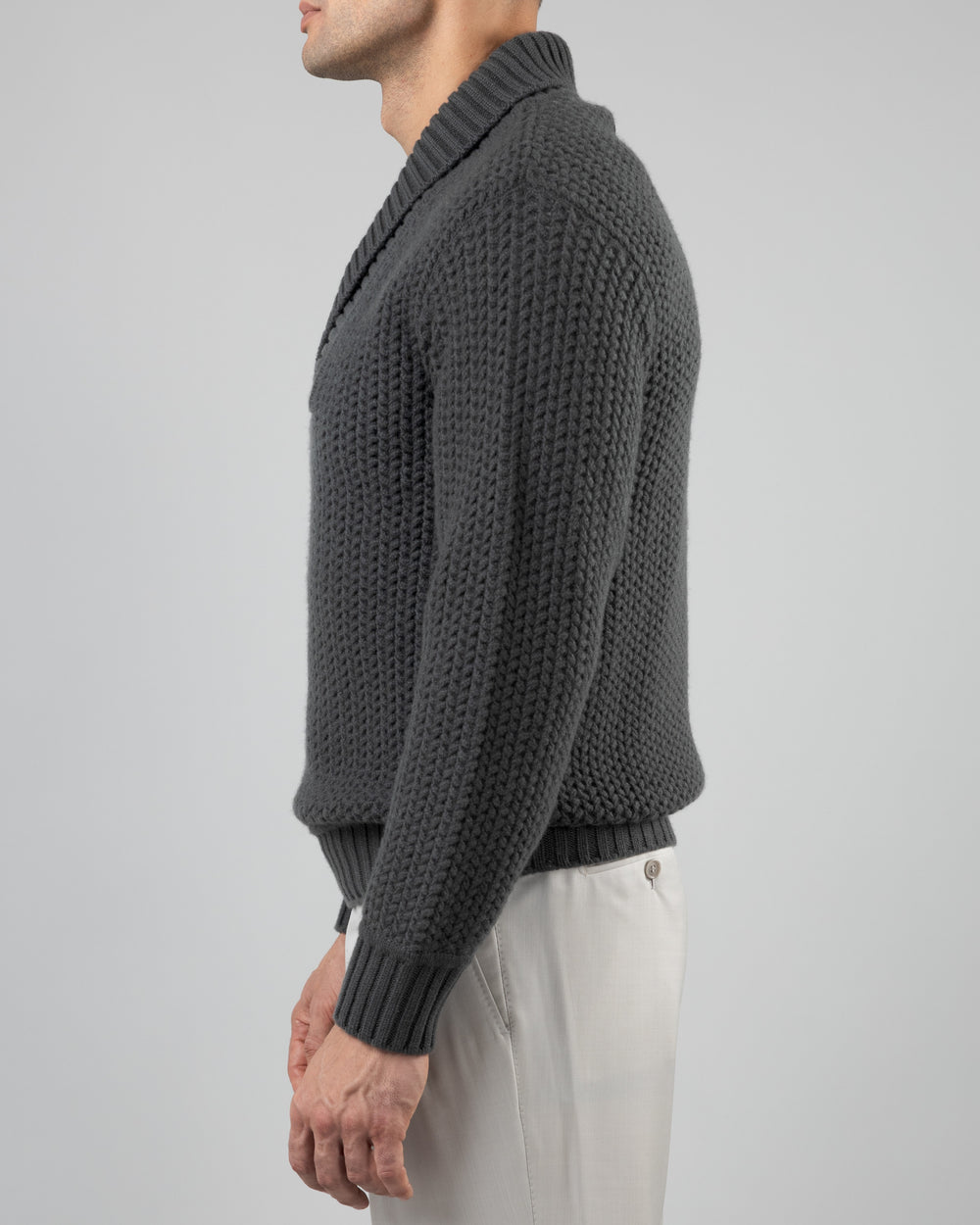 Taiga Shawl Collar V-neck Pullover in Cashmere, Drill Grey