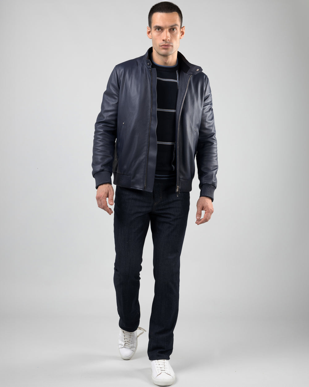 Zurich Deerskin Leather Biker Jacket, Dark Blue