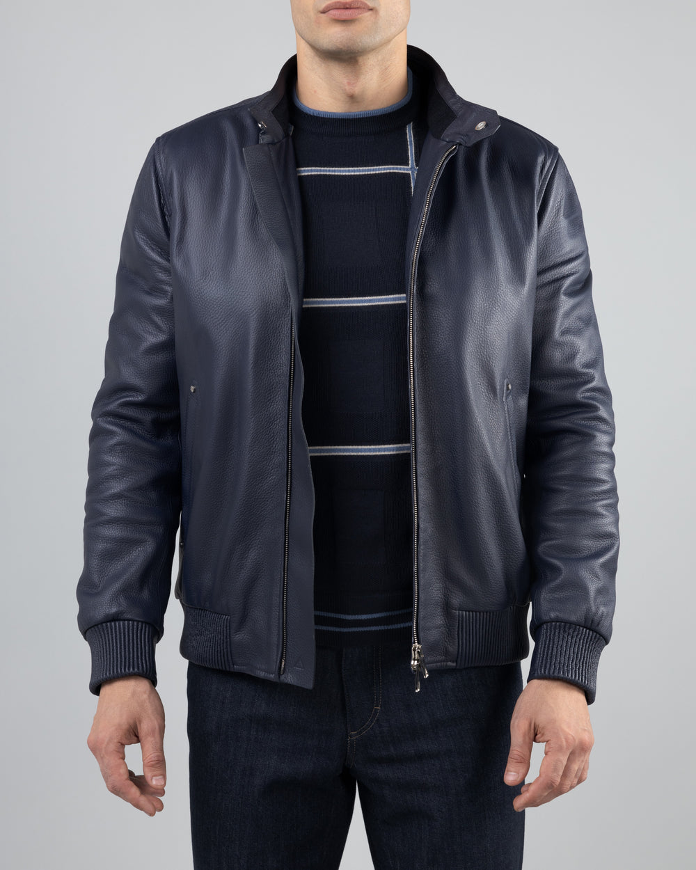 Zurich Deerskin Leather Biker Jacket, Dark Blue