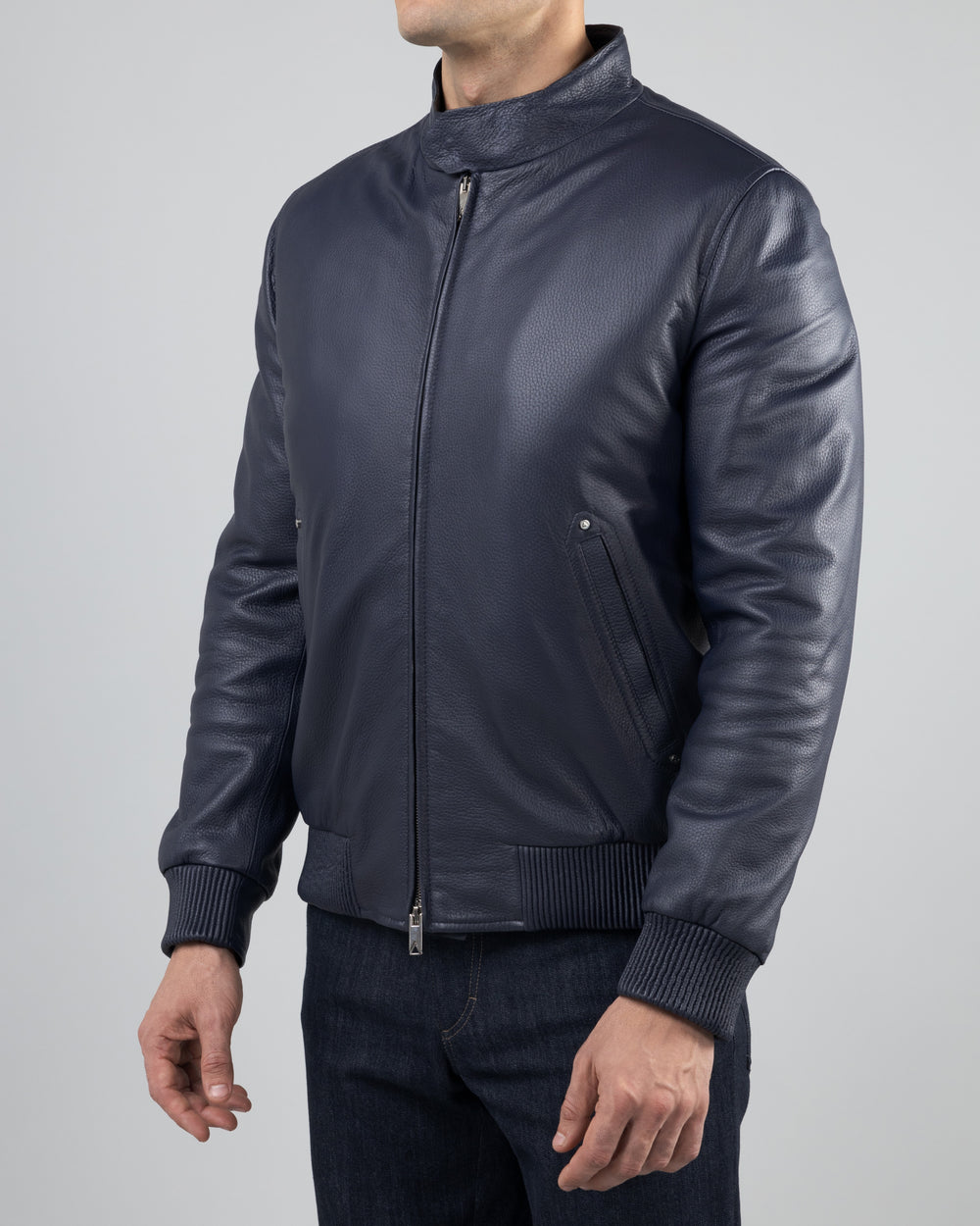 Zurich Deerskin Leather Biker Jacket, Dark Blue