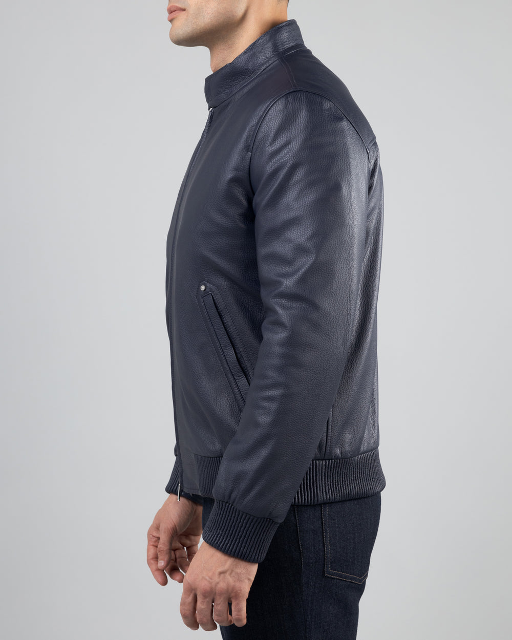 Zurich Deerskin Leather Biker Jacket, Dark Blue