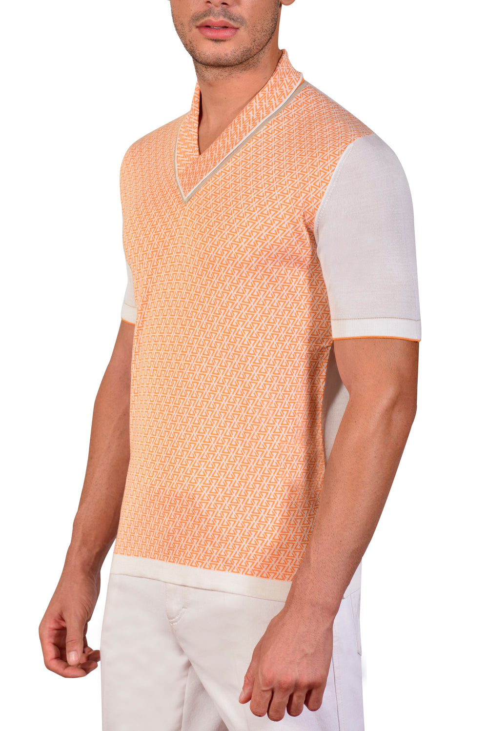 Desert Lily Silk Jacquard V-neck Polo Shirt