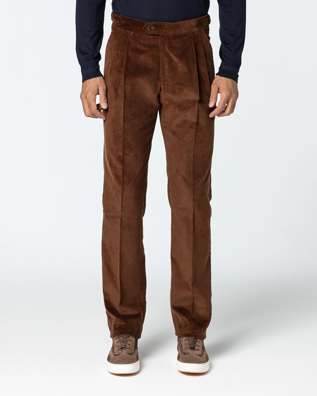 Affectus Double Pleated Corduroy Trousers, Chestnut Brown | Aloisio