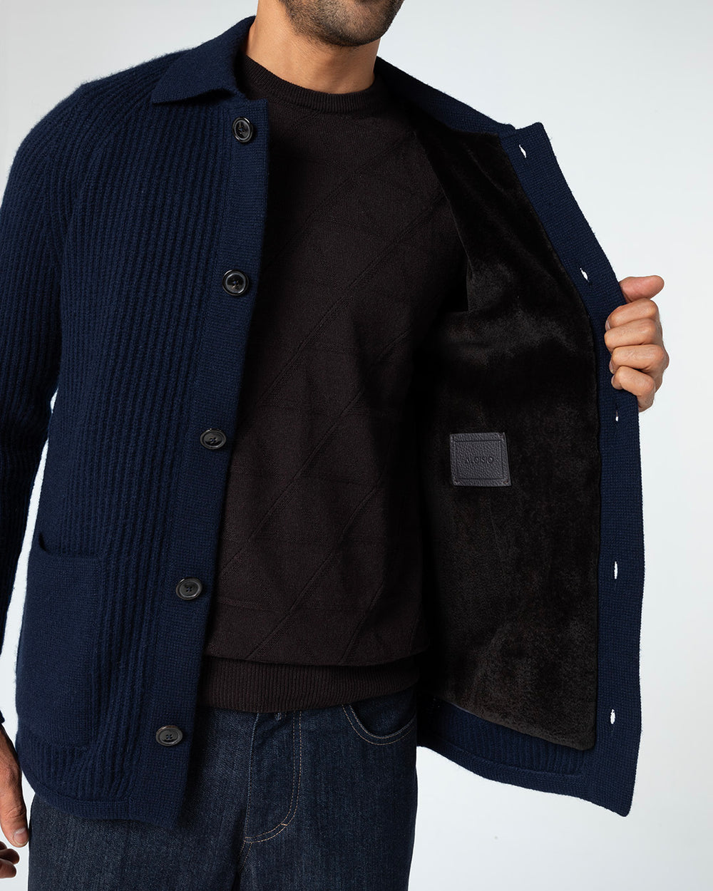 Dilectio Knitted Jacket with Mink Lining, Midnight Blue