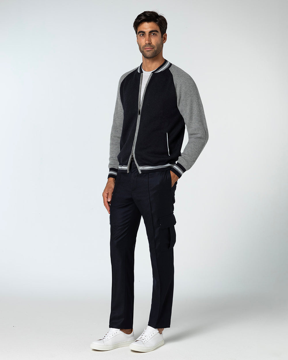 Fidus Knitted Bomber in Cashmere and Sea Island Cotton, Midnight Blue/Silver Grey