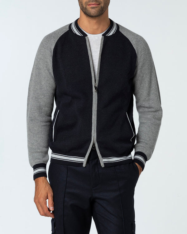 Fidus Knitted Bomber in Cashmere and Sea Island Cotton, Midnight Blue/Silver Grey