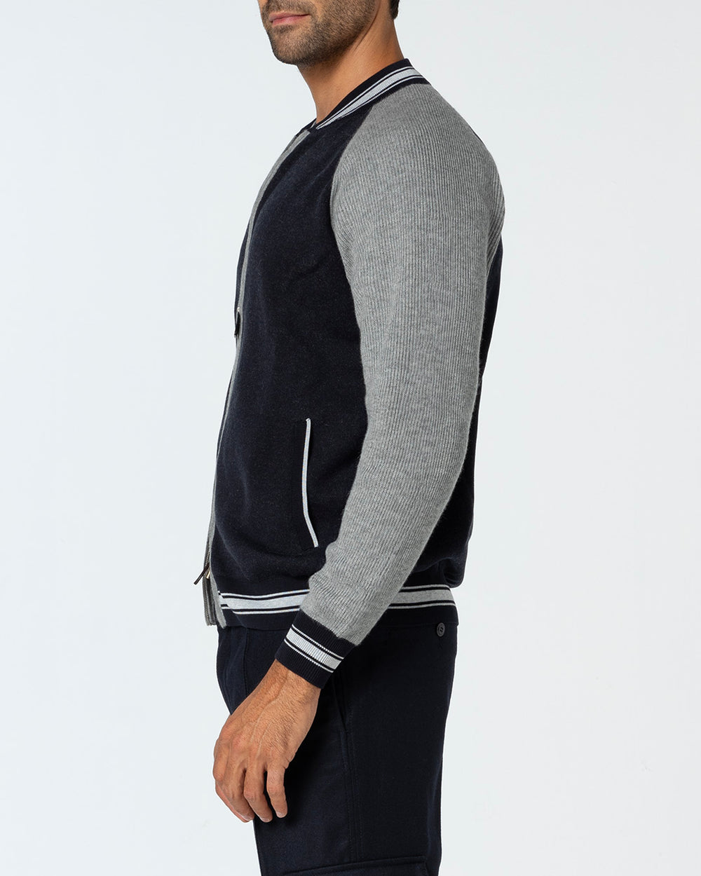 Fidus Knitted Bomber in Cashmere and Sea Island Cotton, Midnight Blue/Silver Grey