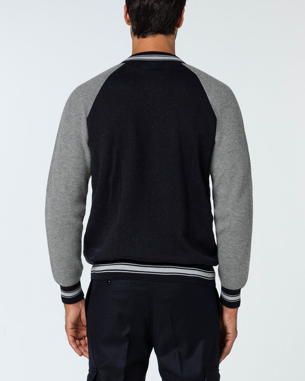 Fidus Knitted Bomber in Cashmere and Sea Island Cotton, Midnight Blue/Silver Grey