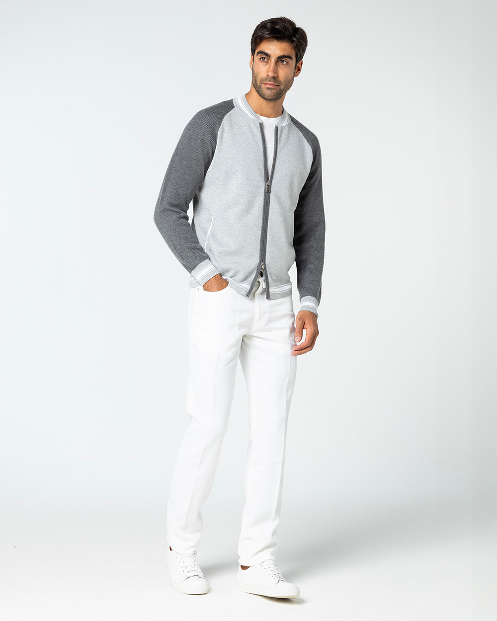 Fidus Knitted Bomber in Cashmere and Sea Island Cotton, Light and Dark Grey