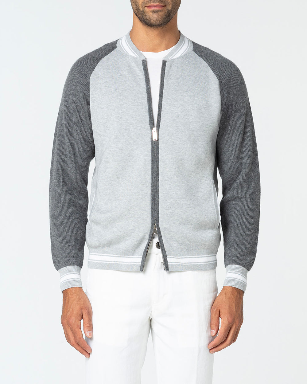 Fidus Knitted Bomber in Cashmere and Sea Island Cotton, Light and Dark Grey