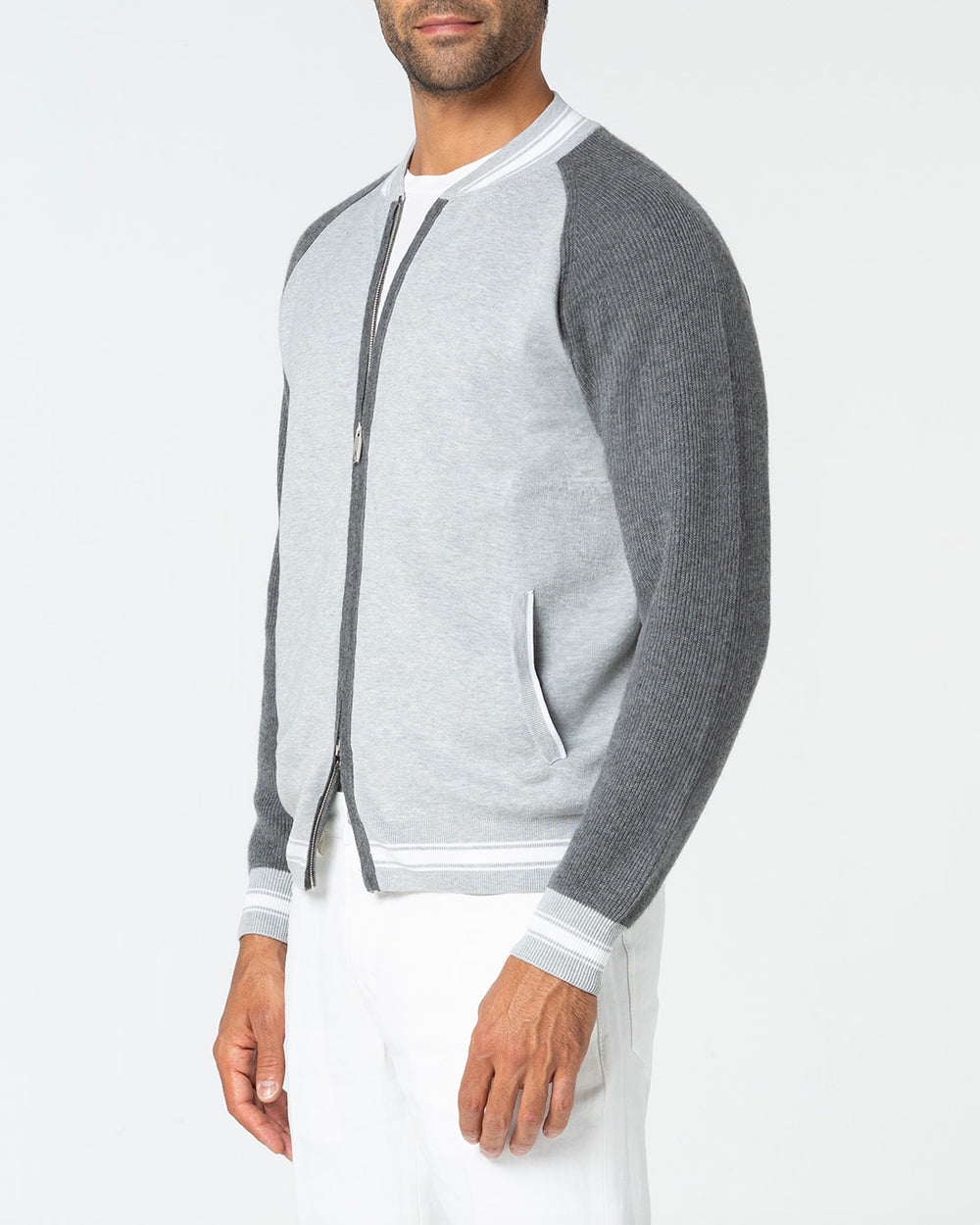 Fidus Knitted Bomber in Cashmere and Sea Island Cotton, Light and Dark Grey