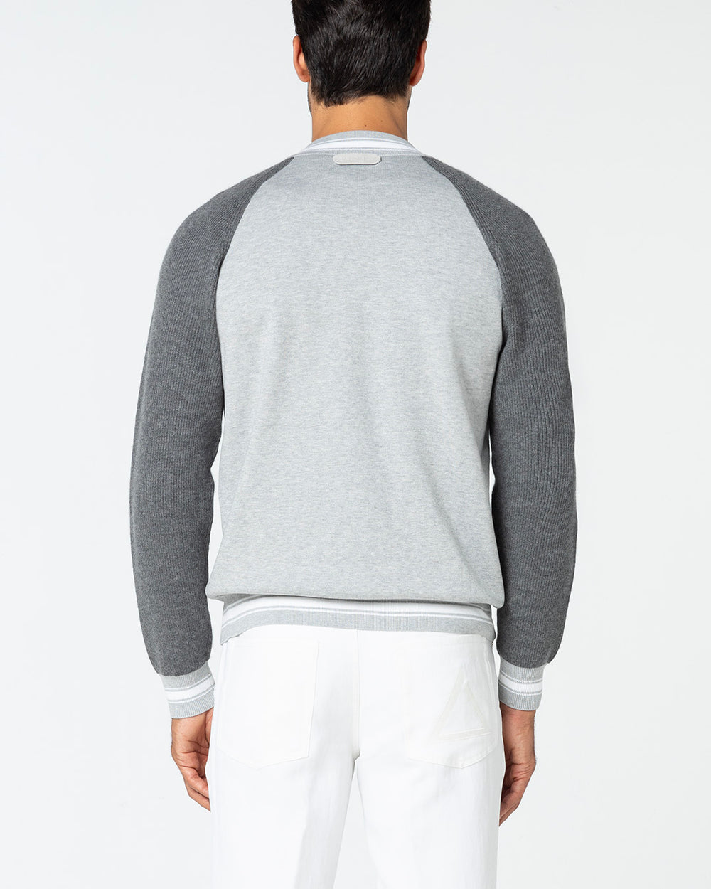 Fidus Knitted Bomber in Cashmere and Sea Island Cotton, Light and Dark Grey