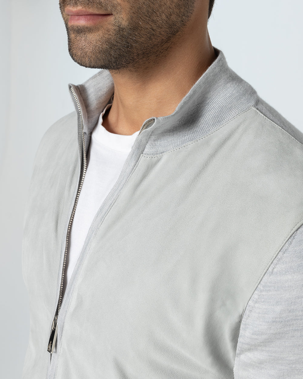 Gaudium Cashmere and Silk Cardigan with Suede Front, Pearl Grey