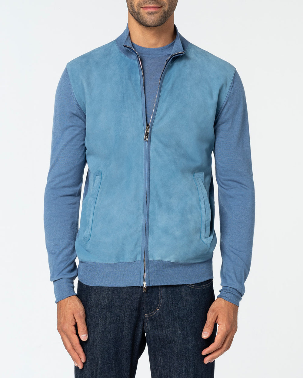 Gaudium Cashmere and Silk Cardigan with Suede Front, Blu Polvere