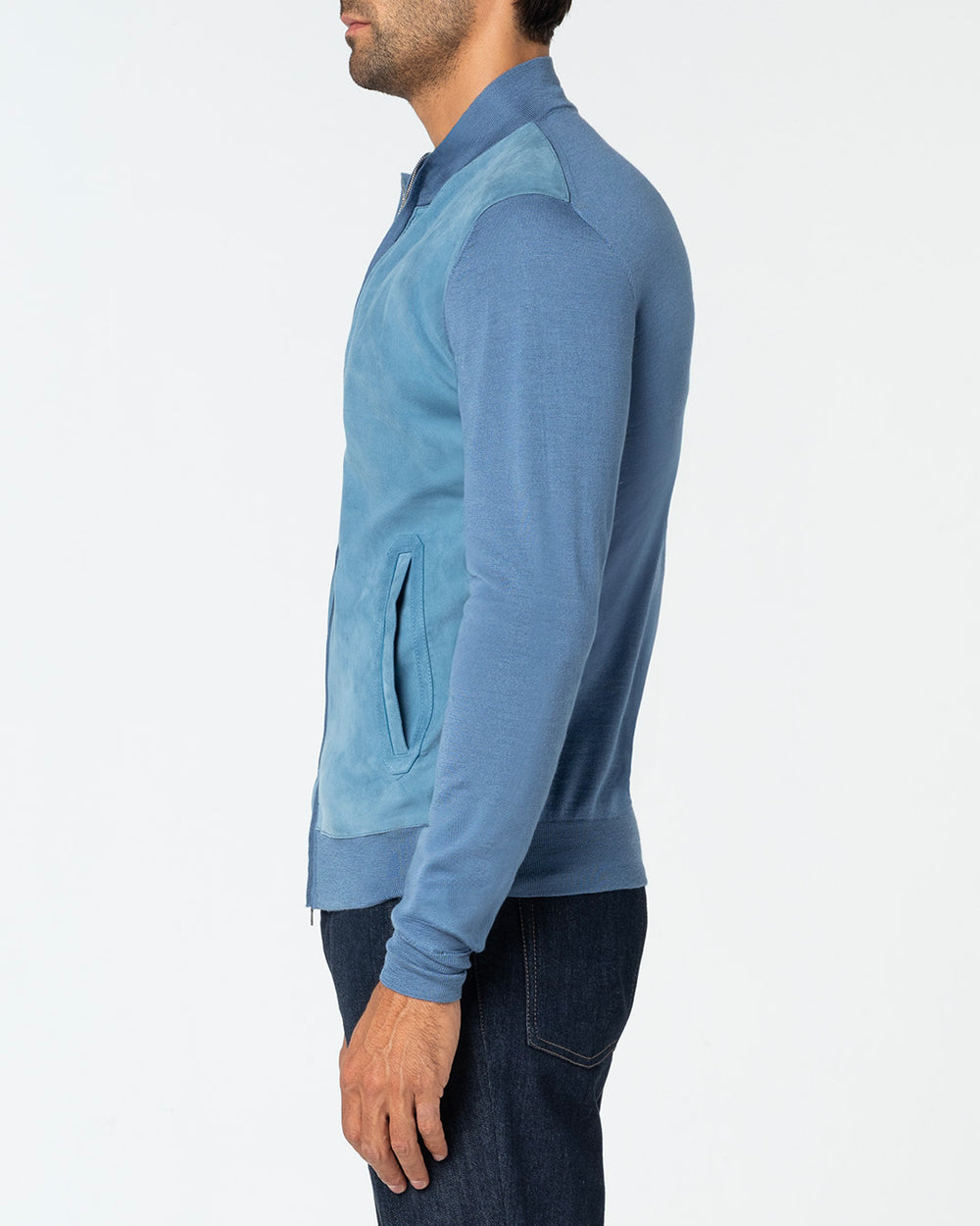 Gaudium Cashmere and Silk Cardigan with Suede Front, Blu Polvere