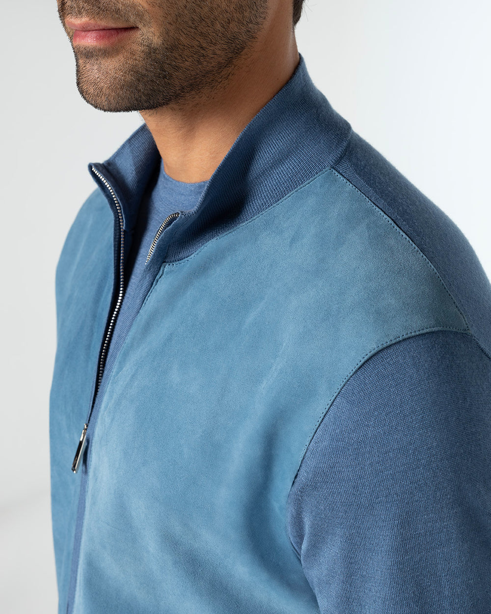 Gaudium Cashmere and Silk Cardigan with Suede Front, Blu Polvere