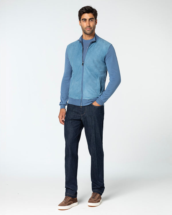 Gaudium Cashmere and Silk Cardigan with Suede Front, Blu Polvere