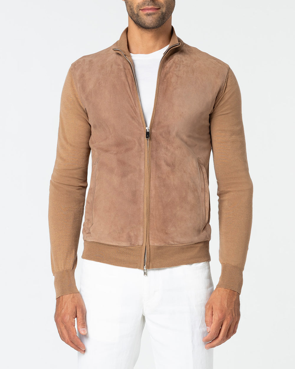 Gaudium Cashmere and Silk Cardigan with Suede Front, Camel