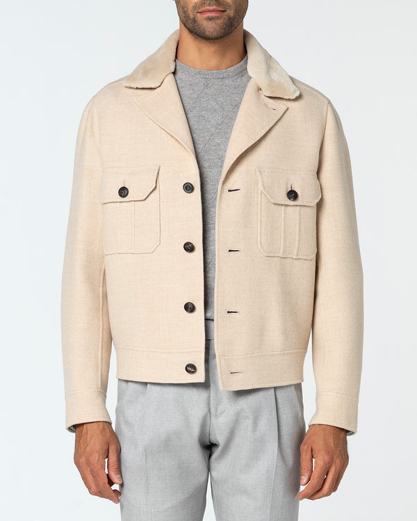 Lumen Wool Jacket with Mink Collar, Ivory/Pearl Grey